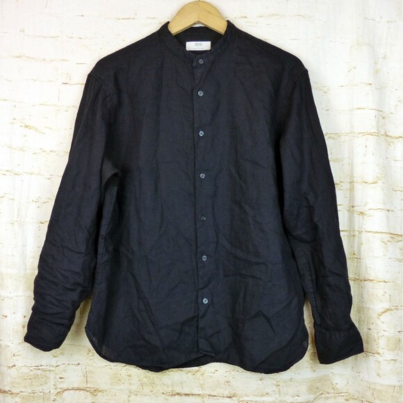 Uniqlo Shirt Mens M Navy Blue Linen Button Grandad Collar Long Sleeve 455958 - Picture 1 of 10